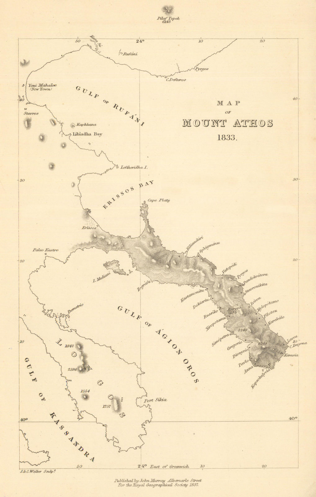 Associate Product Map of Mount Athos showing the monasteries by Lt Webber Smith. RGS 1837