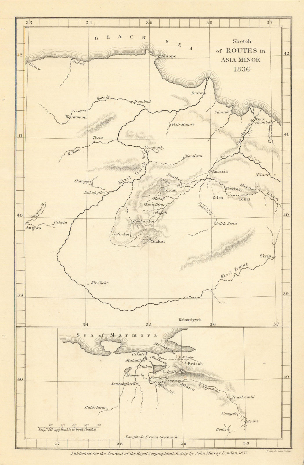 Associate Product Sketch of Routes in Asia Minor by William John Hamilton / RGS 1837 old map