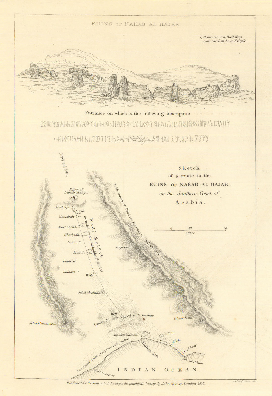 Route to the Nakab (Naqb) al Hajar ruins by James Wellsted/RGS. Yemen 1837 map