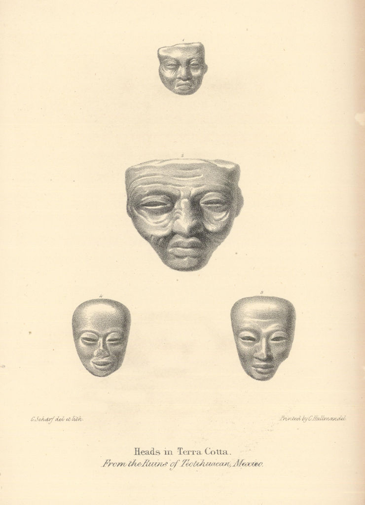 Associate Product Heads in Terra Cotta from the ruins of Teotihuacan, Mexico. RGS 1837 old print