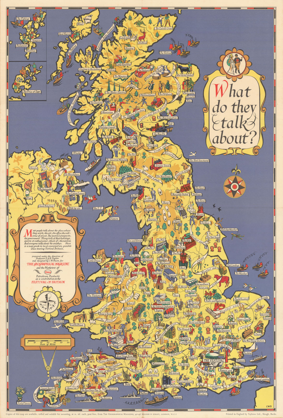 Associate Product What do they talk about? UK Festival of Britain Pictorial map by C.W. Bacon 1951