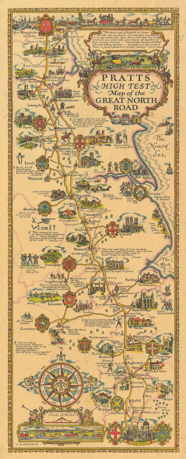 Pratts High Test Map of the Great North Road. London-Newcastle. AE TAYLOR 1930