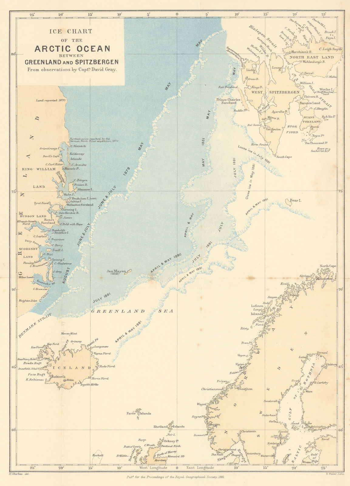 Associate Product Ice chart of the Arctic Ocean between Greenland & Spitzbergen. RGS 1881 map