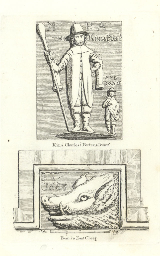 Associate Product King Charles 1st Porter & Dwarf, Newgate Street. Boar's Head Sign Eastcheap 1793