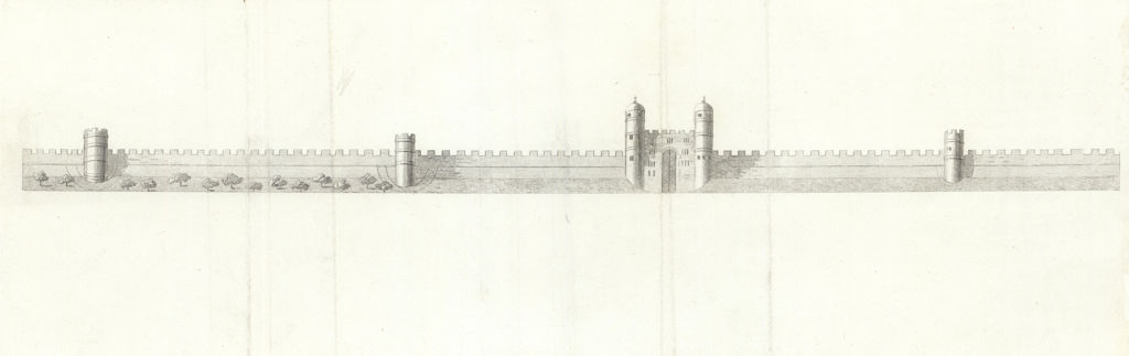 Aldersgate, and part of the Wall Towers on each side, London 1793 old print