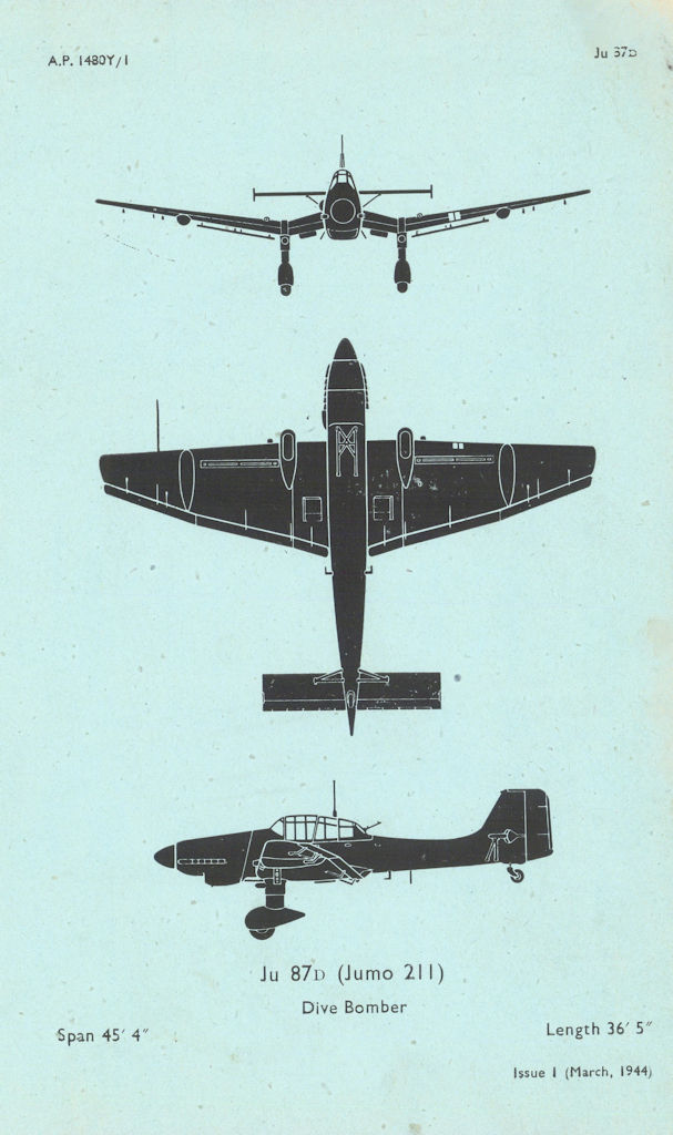 Junkers Ju 87D Stuka Dive Bomber. Air Ministry aircraft recognition profile 1944