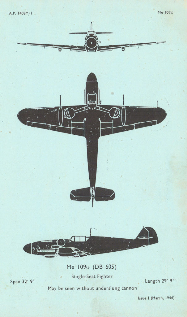 Messerschmitt Me 109G fighter. Air Ministry aircraft recognition profile 1944