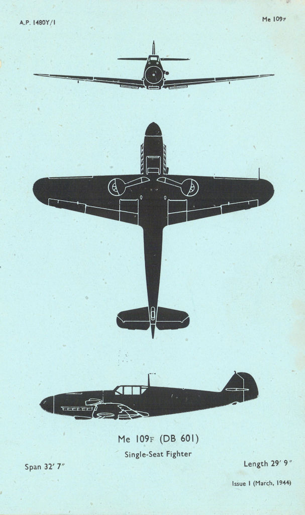 Messerschmitt Me 109F fighter. Air Ministry aircraft recognition profile 1944