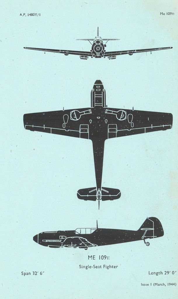 Messerschmitt Me 109E fighter. Air Ministry aircraft recognition profile 1944