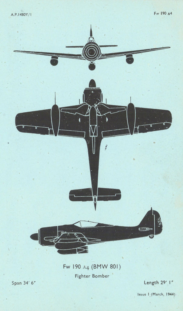 Focke-Wulf Fw 190A4 Fighter Bomber. Aircraft recognition profile 1944 print