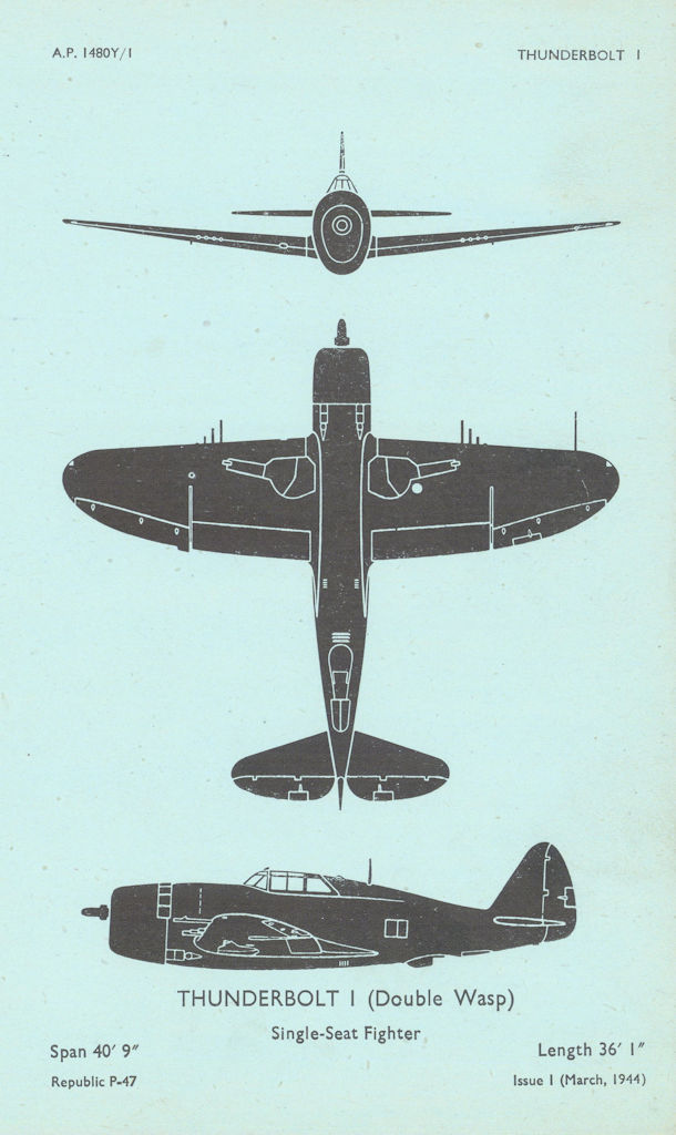 Republic P-47 Thunderbolt I fighter. Aircraft recognition profile 1944 print