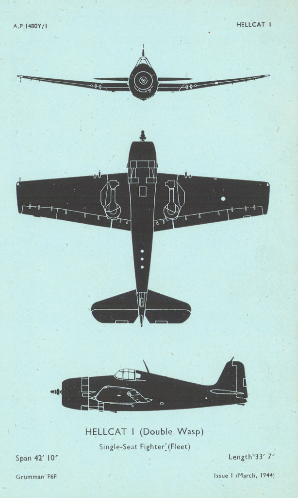 Grumman Hellcat I fighter. Air Ministry aircraft recognition profile 1944