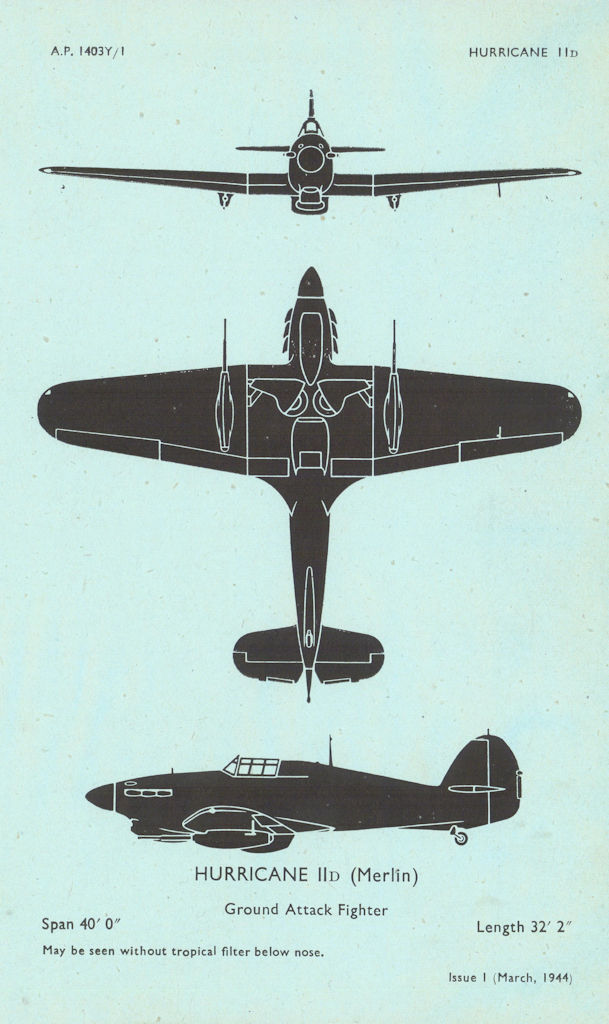 Hawker Hurricane IID Ground attack fighter. Aircraft recognition profile 1944