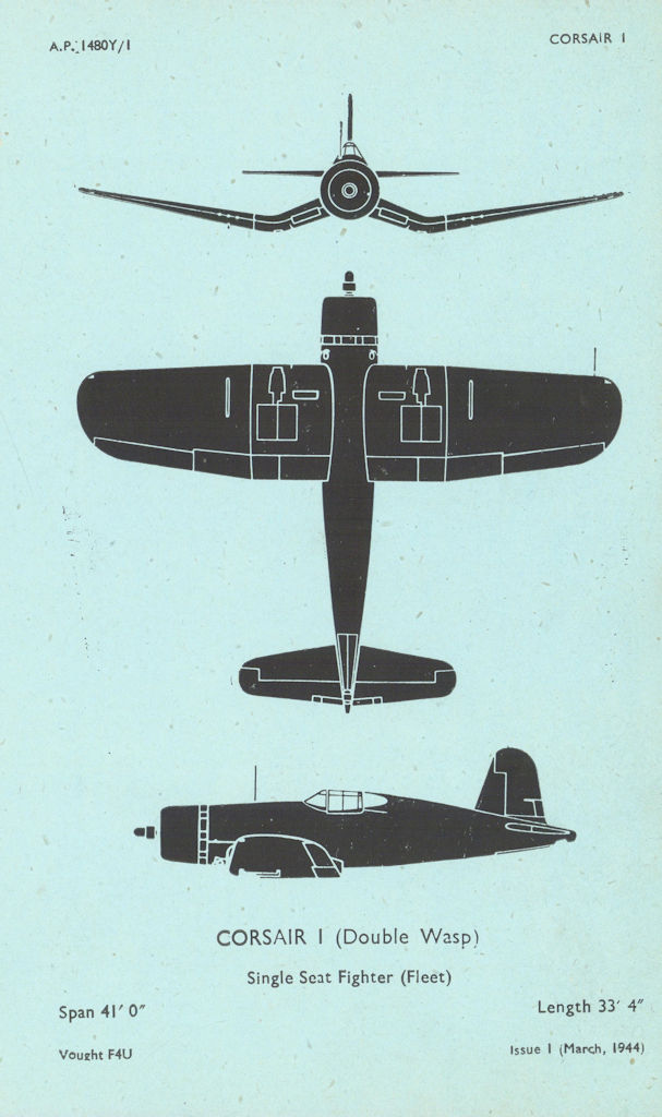 Vought F4U Corsair I fighter (Fleet). Aircraft recognition profile 1944 print