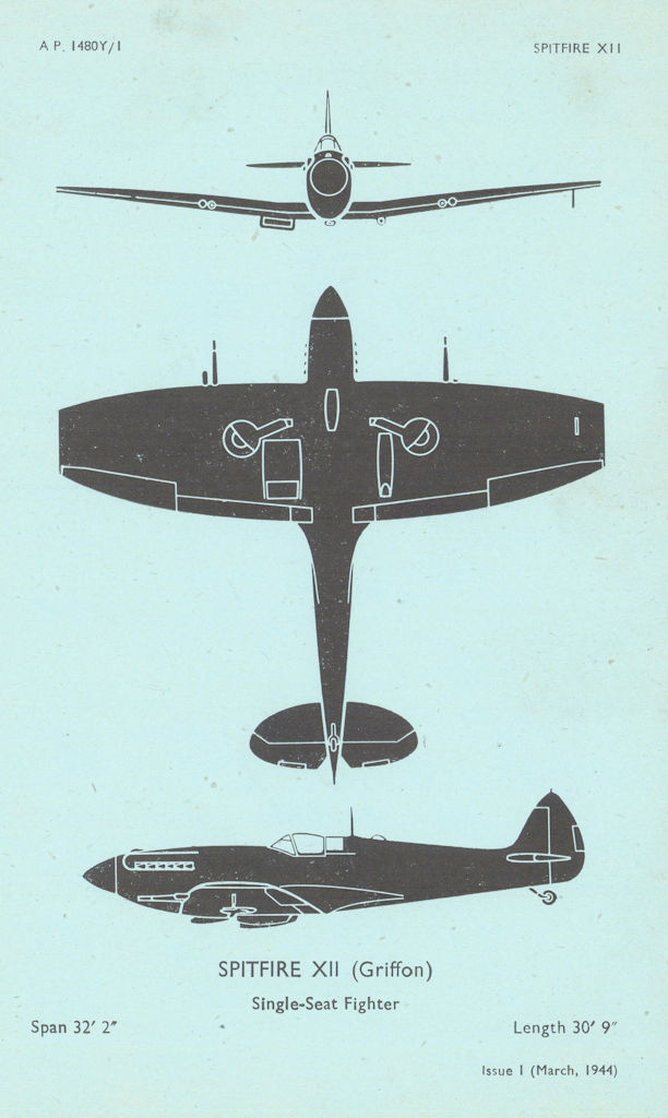 Supermarine Spitfire XII fighter. Air Ministry aircraft recognition profile 1944