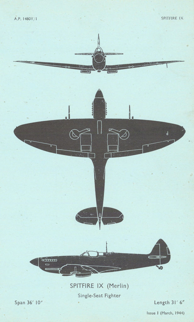 Supermarine Spitfire IX fighter. Air Ministry aircraft recognition profile 1944