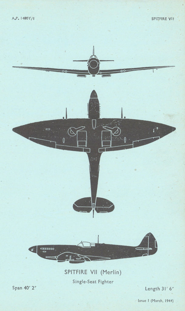 Supermarine Spitfire VII fighter. Air Ministry aircraft recognition profile 1944