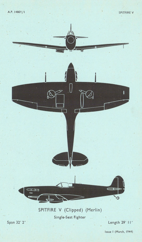 Supermarine Spitfire V (Clipped) fighter. Aircraft recognition profile 1944