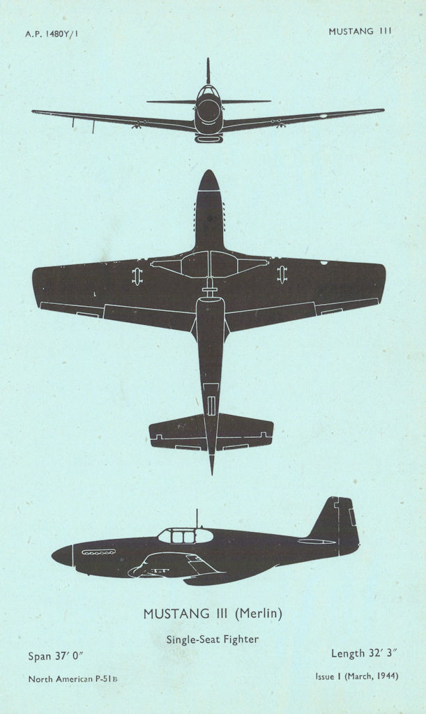 North American P-51B Mustang III fighter. Aircraft recognition profile 1944