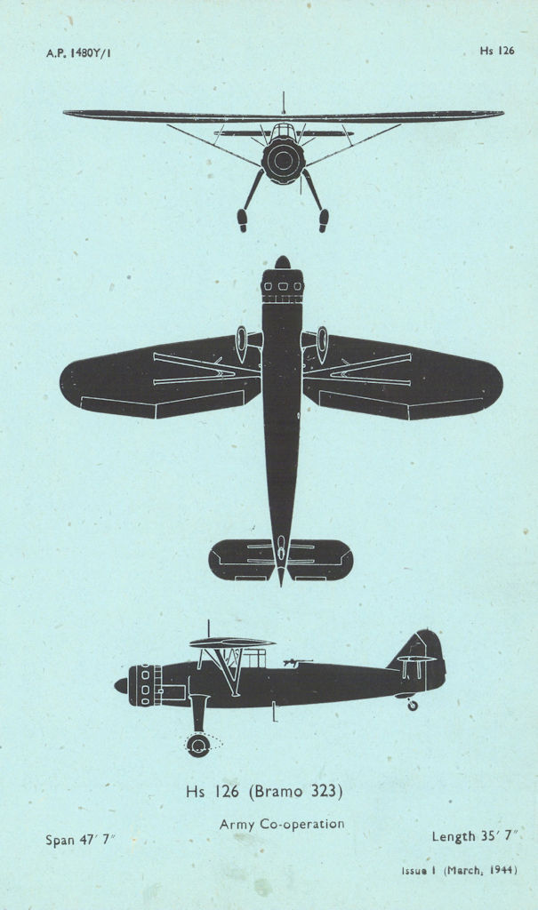 Henschel Hs 126 Army Co-operation. Aircraft recognition profile 1944 old print