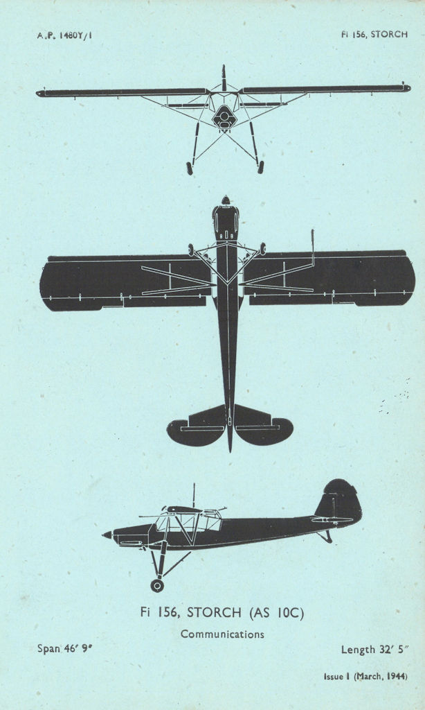 Fieseler Fi 156 Storch Communications. Aircraft recognition profile 1944 print