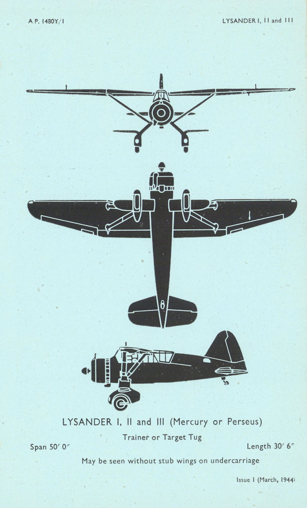 Westland Lysander Trainer/Target tug. Aircraft recognition profile 1944 print