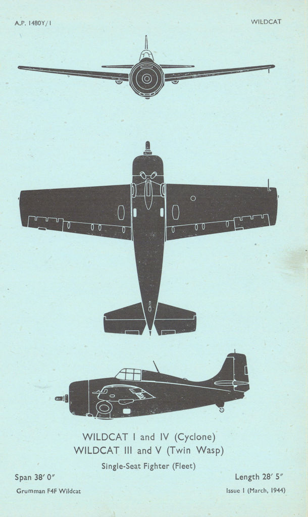 Grumman F4F Wildcat fighter (Fleet). Aircraft recognition profile 1944 print