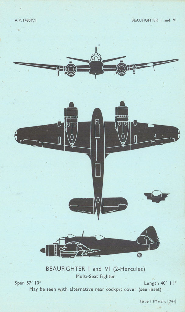 Bristol Beaufighter I & VI Multi-Seat fighter. Aircraft recognition profile 1944