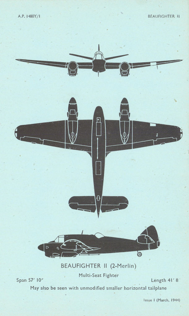 Bristol Beaufighter II Multi-Seat fighter. Aircraft recognition profile 1944