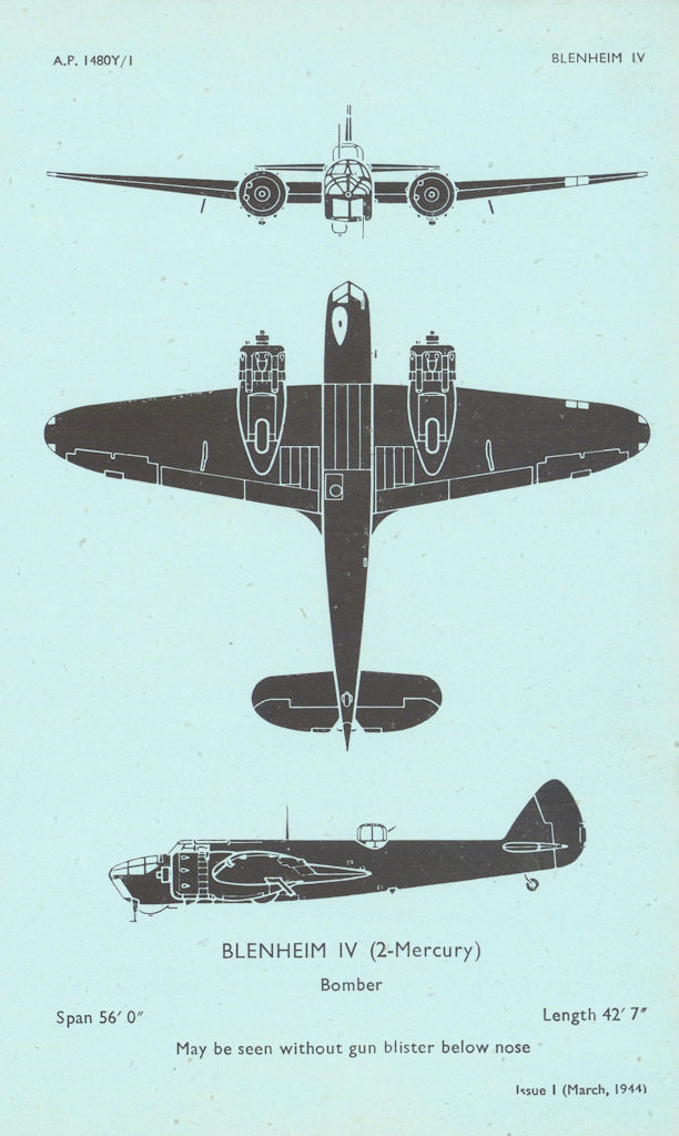 Bristol Blenheim IV Bomber. Air Ministry aircraft recognition profile 1944