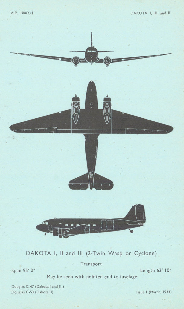 Douglas C-47/C-53 Dakota Transport. Aircraft recognition profile 1944 print