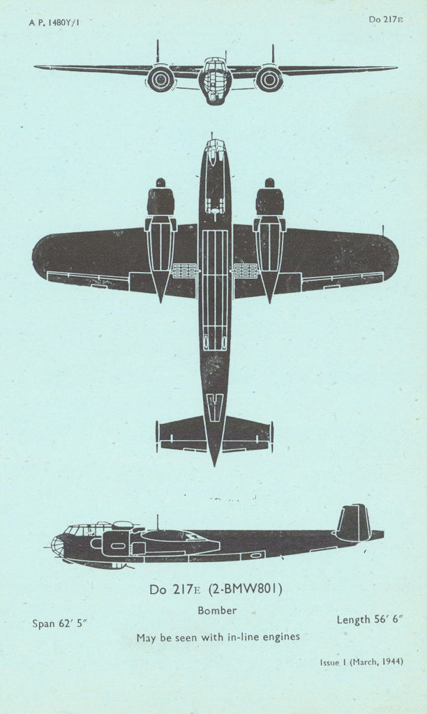 Dornier Do 217E Bomber. Air Ministry aircraft recognition profile 1944 print