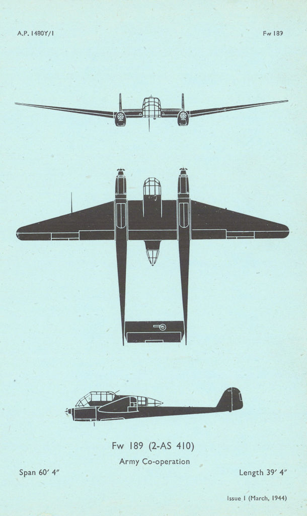 Focke-Wulf Fw 189 Army Co-operation. Aircraft recognition profile 1944 print