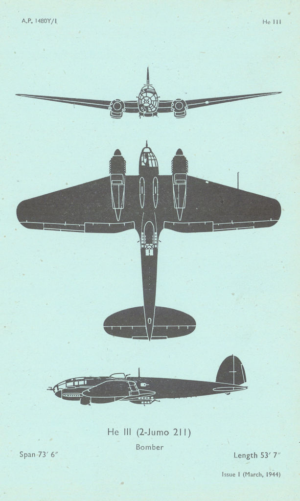 Heinkel III Bomber. Air Ministry aircraft recognition profile 1944 old print