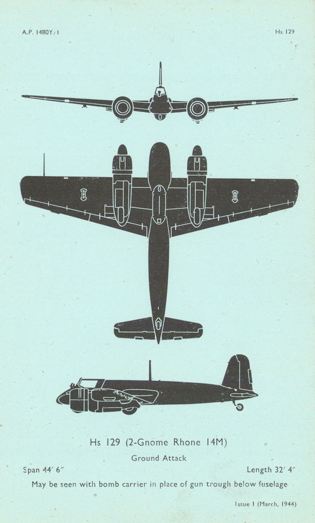 Henschel Hs 129 Ground attack. Air Ministry aircraft recognition profile 1944