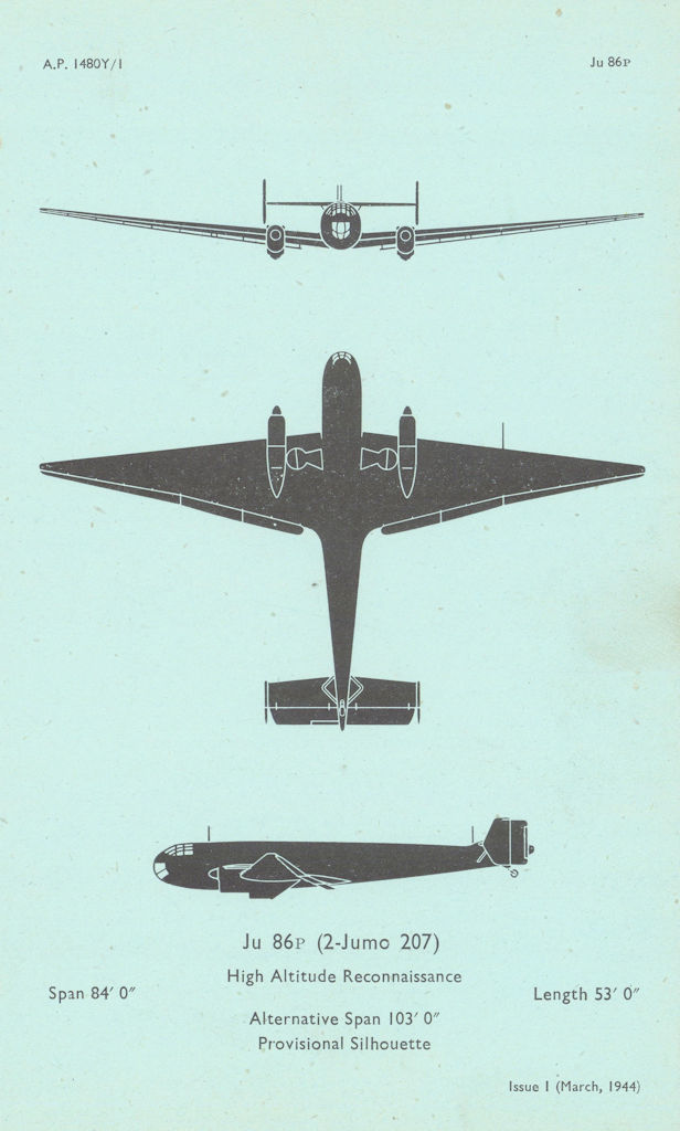 Junkers Ju 86P High Altitude Reconnaissance. Aircraft recognition profile 1944