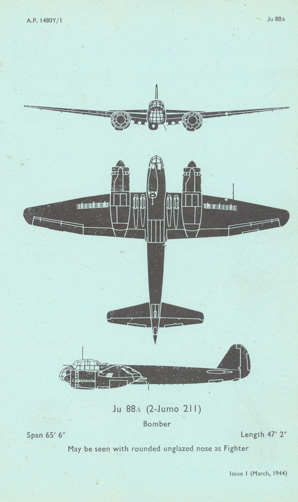 Junkers Ju 88A Bomber. Air Ministry aircraft recognition profile 1944 print