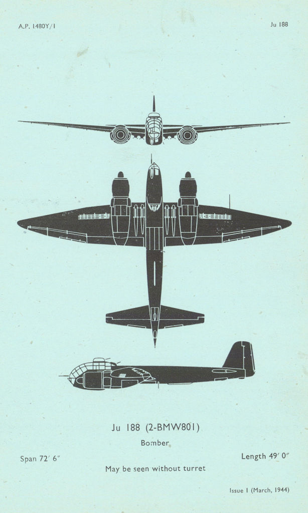 Junkers Ju 188A Bomber. Air Ministry aircraft recognition profile 1944 print