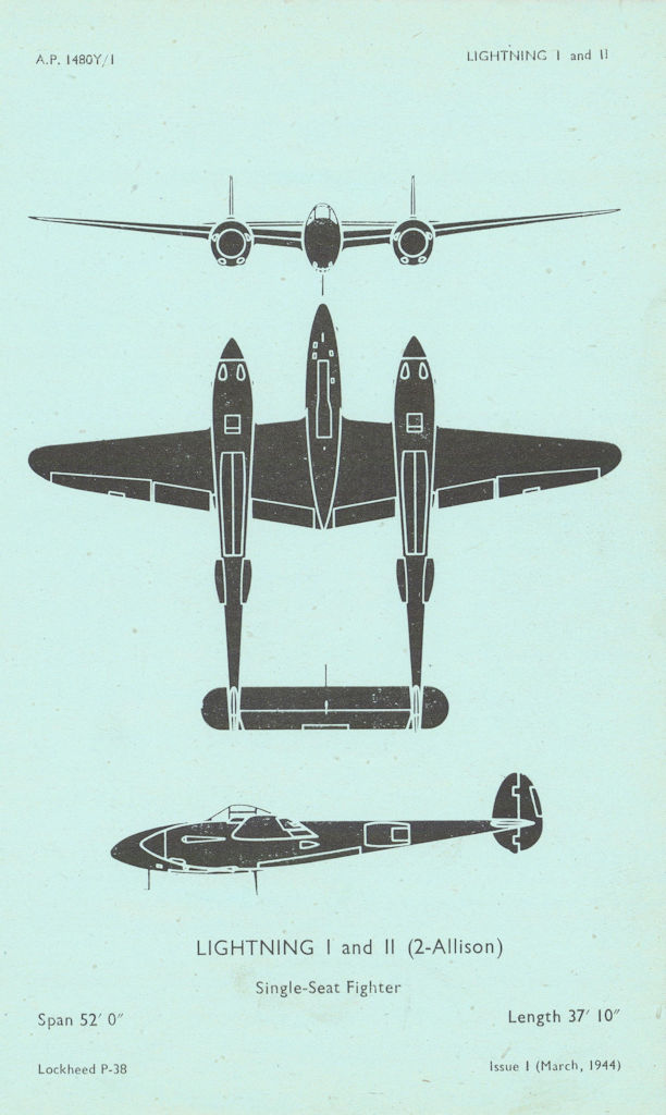 Lockheed P-38 Lightning I & II Fighter. Aircraft recognition profile 1944