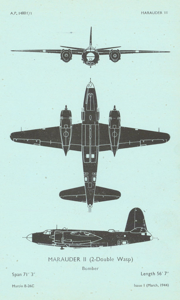 Martin B-26C Marauder II Bomber. Air Ministry aircraft recognition profile 1944