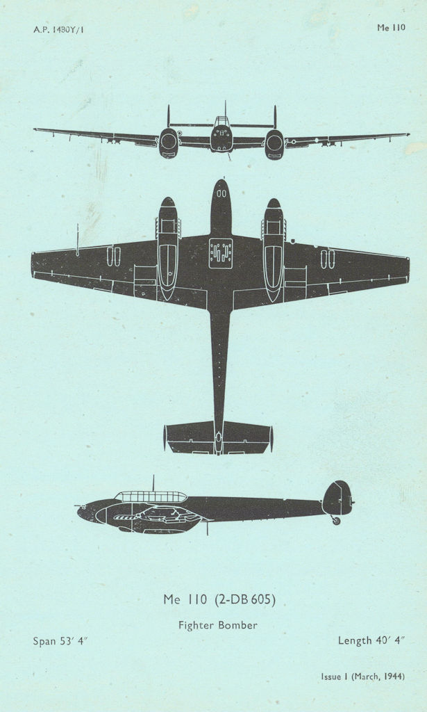 Messerschmitt Me 110 Fighter Bomber. Aircraft recognition profile 1944 print