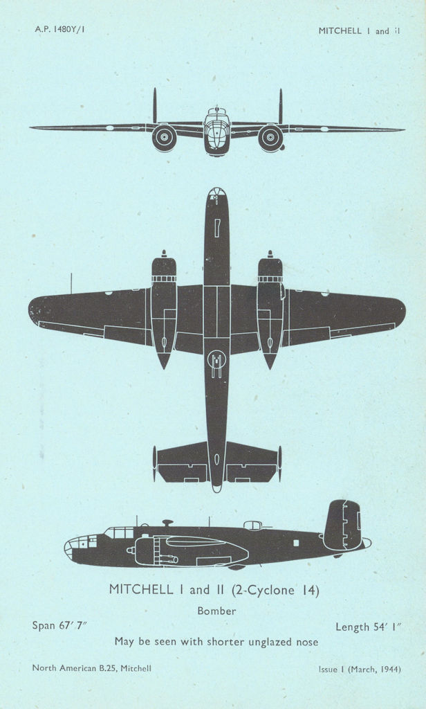 North American B-25 Mitchell I & II Bomber. Aircraft recognition profile 1944