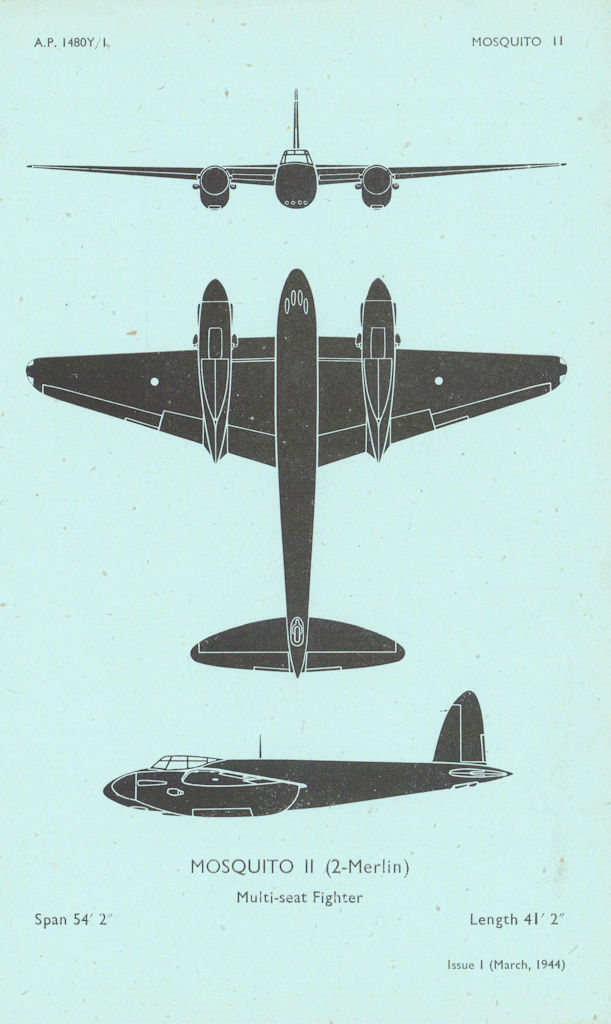 De Havilland Mosquito II Multi-seat Fighter. Aircraft recognition profile 1944