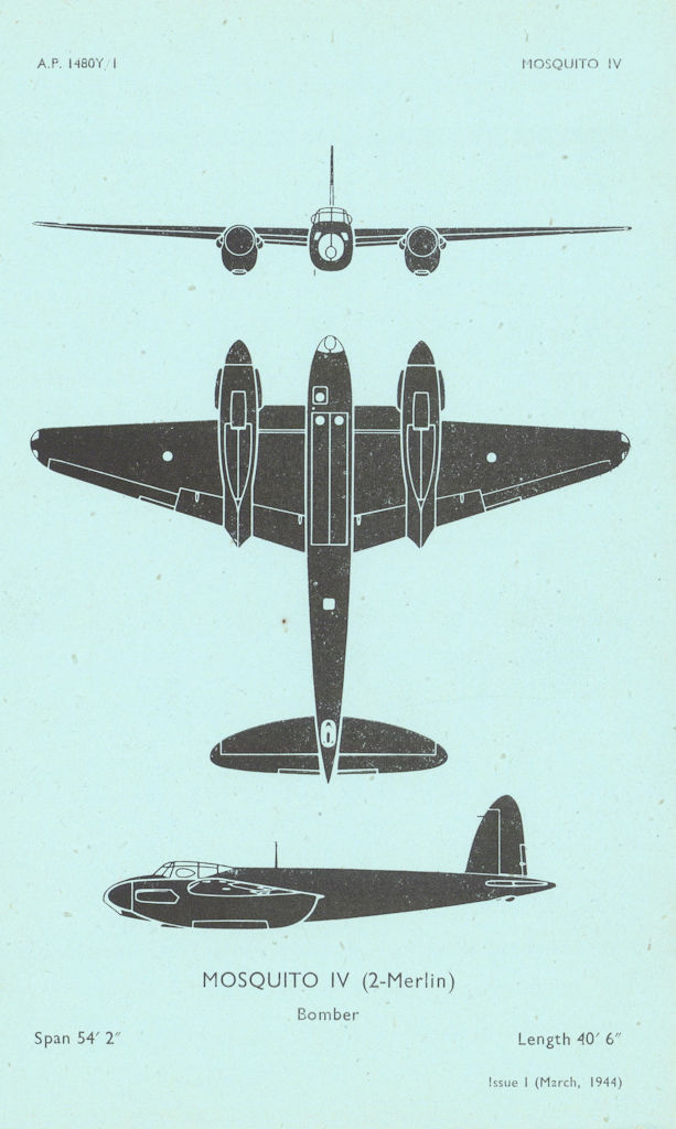 De Havilland Mosquito IV Bomber. Air Ministry aircraft recognition profile 1944