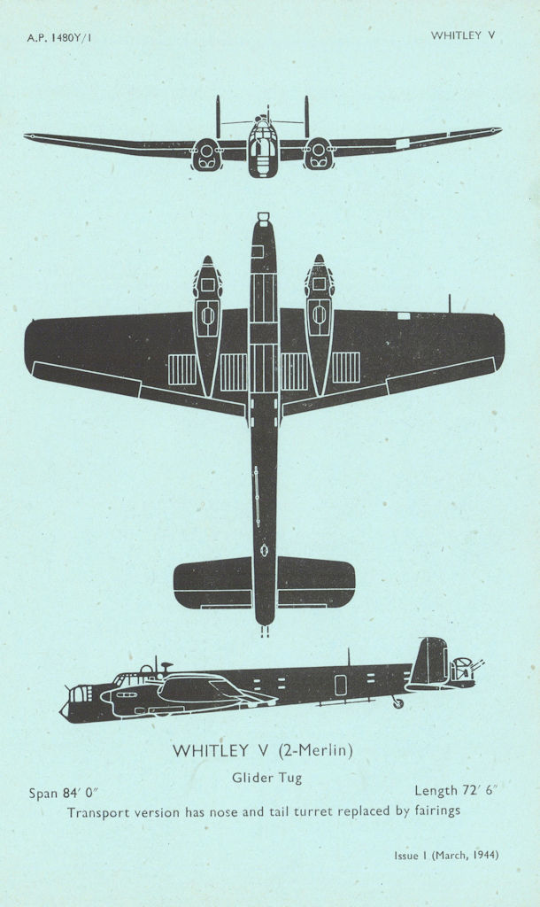 Armstrong Whitworth Whitley V Glider tug. Aircraft recognition profile 1944