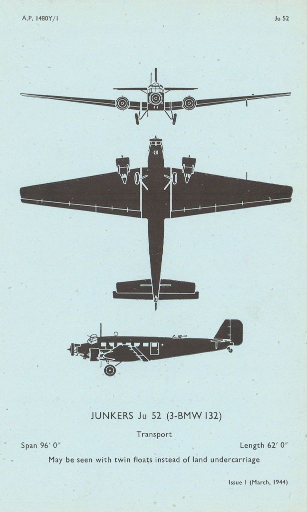 Junkers Ju 52 Transport. Air Ministry aircraft recognition profile 1944 print