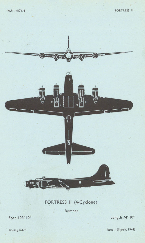 Boeing B-17F Flying Fortress II Bomber. Aircraft recognition profile 1944