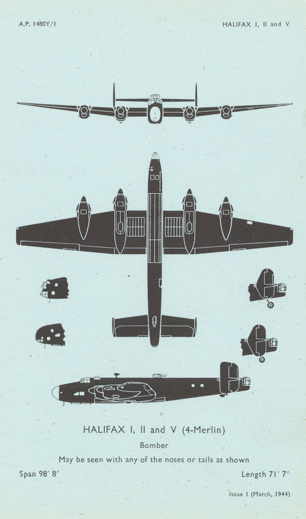 Handley Page Halifax I, II & V Bomber. Aircraft recognition profile 1944 print