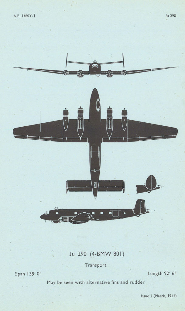 Junkers Ju 290 Transport. Air Ministry aircraft recognition profile 1944 print