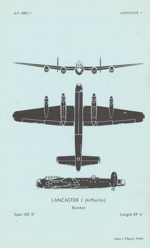 Avro Lancaster I Bomber. Air Ministry aircraft recognition profile 1944 print